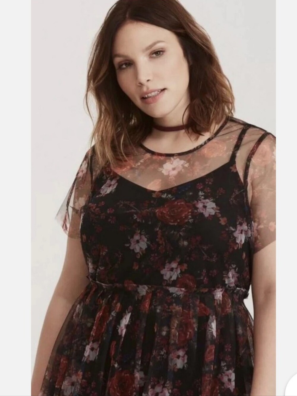 Torrid Plus Size 3x: Floral Print Mesh Sheer Overlay Midi Skater Dress